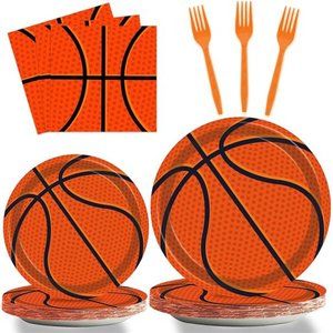 96 Pieces Basketball Tableware Set Sport Party Disposable Plates Napkins Fork